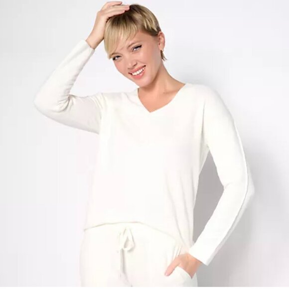 Barefoot Dreams Cozychic Ultra Lite V-Neck Pullover Sweater Size Medium Pearl - Picture 1 of 8
